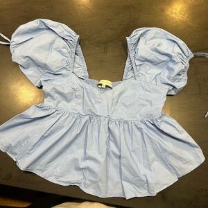 English Factory Light Blue Puff-Sleeve Peplum Blouse